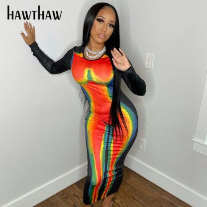 Купить Hawthaw Women Autumn Long Sleeve Bodycon Printed Pencil Midi Dress 2021 Fall Wholesale Lots Bulk Clothes Streetwear Dropshipping