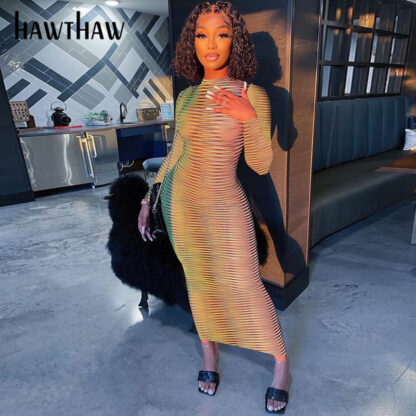 Купить Hawthaw Women Fashion Autumn Long Sleeve Gradient See Through Bodycon Printed Green Long Dress 2021 Fall Clothes Wholesale Items