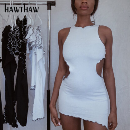 Купить Hawthaw Women Summer Bodycon Sexy Party Hollow Outwhite Package Hip Mini Black Tank Mini Dress Sundress 2021 Female Clothing