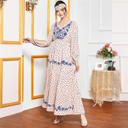 Купить Polka Dot Embroidery Long Dress women Pink V Ne Full Sleeve Maxi Dresses Fall Empire Swing Muslim Arabic Clothing vestidos