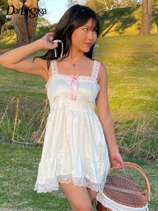 Купить Kawaii Fashion Style Lace Trim Patched White Dress Summer Cute Sweet Bow Ruched Female Dress Lolita Sexy Sundress New