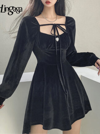 Купить Darlingaga Vintage Elegant Diamonds Velour Ruched Black Dress Club Party Lace Up Irregular Fashion Autumn Dresses Long Sleeve