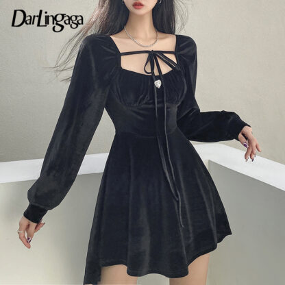 Купить Darlingaga Vintage Elegant Diamonds Velour Ruched Black Dress Club Party Lace Up Irregular Fashion Autumn Dresses Long Sleeve