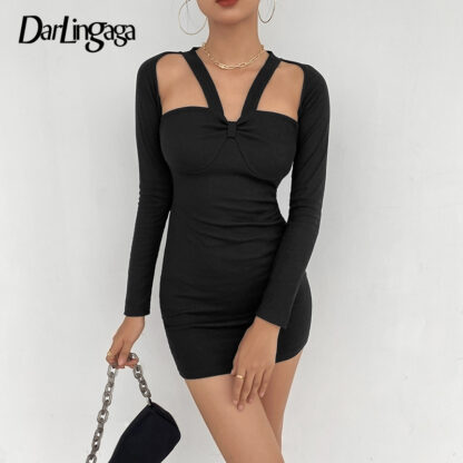 Купить Darlingaga Fashion Autumn Sexy Bodycon Dress Female Solid Basic Long Sleeve Cut Out Black Dress Mini Club Party Elegant Clothes