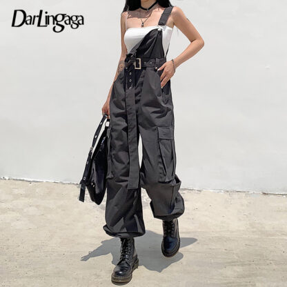 Купить Streetwear Loose Cargo Jumpsuit Women Suspender Pockets Overalls Pants with Belt Fashion Solid Long Jumpsuits Autumn