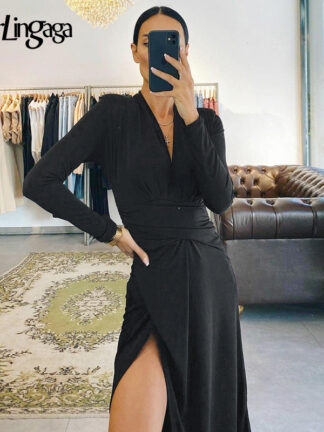 Купить Darlingaga Fashion Elegant Asymmetrical Sexy Midi Dress Women Long Sleeve Solid Ruched Black Dress Club Party Autumn Split Solid