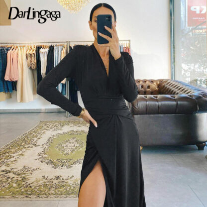 Купить Darlingaga Fashion Elegant Asymmetrical Sexy Midi Dress Women Long Sleeve Solid Ruched Black Dress Club Party Autumn Split Solid