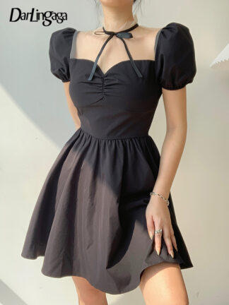 Купить Korean Elegant Puff Sleeve Summer Black Dress Women Bow Mesh Patchwork Fashion Pleated Mini Dresses Ruched Sundress