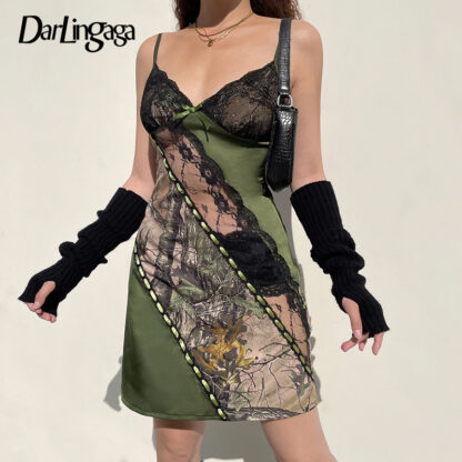 Купить Grunge Fairycore V Neck Lace Patchwork Y2K Slip Dress Female Vintage Fashion Printed Y2K Aesthetic Summer Dress Sexy