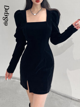 Купить Darlingaga Square Collar Korean Fashion Velvet Black Dress Female Puff Sleeve Bodycon Elegant Party Dresses Split Spring Autumn
