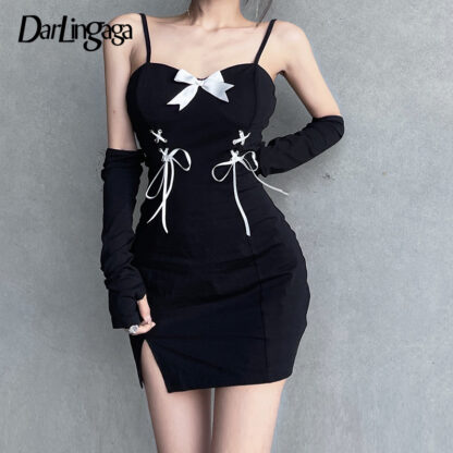 Купить Darlingaga Vintage Spaghetti Strap Bow Bodycon Black Dress Female Lace Up Gothic Clothes Sexy Party Dress Summer With Gloves New