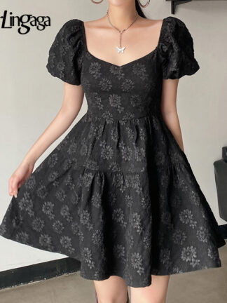 Купить Darlingaga Vintage Fashion Jacquard Black Sexy Party Dresses Puff Sleeve Elegant Summer Dress Women Gothic Clothes Mini Sundress