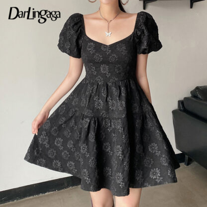 Купить Darlingaga Vintage Fashion Jacquard Black Sexy Party Dresses Puff Sleeve Elegant Summer Dress Women Gothic Clothes Mini Sundress