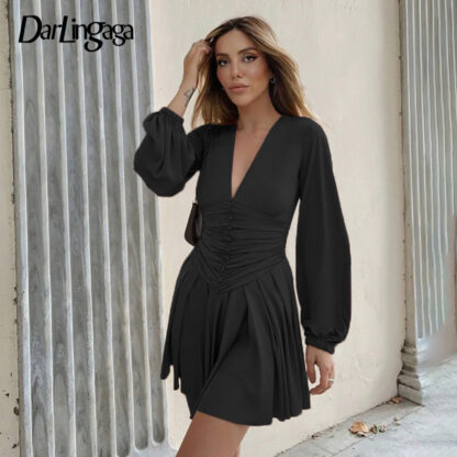 Купить Darlingaga V Neck Fashion Chic Long Sleeve Pleated Dress Women Buttons Ruched Spring Club Party Sexy Dresses Elegant Basic 2022