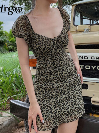 Купить Vintage Fashion Leopard Print Mesh Dress Female Puff Sleeve Double Layer Summer Dress Party Ladies Sexy Dresses 2021
