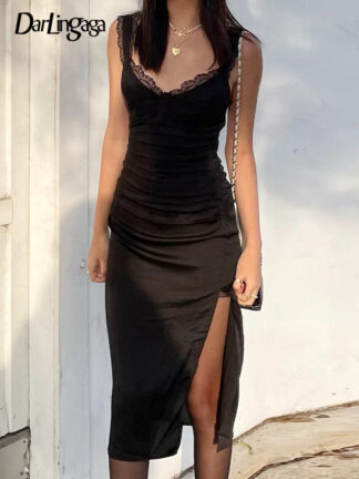 Купить Chic Elegant Lace Trim Tank Summer Black Dresses Party Fashion Split Sexy Sleeveless Midi Dress Female Slim Sundress