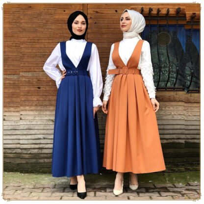 Купить Muslim High Waist A-line Skirts Women Overall Two Shoulder Strap Suspender Skirt Slim Maxi Pleated Vestidos Islamic Clothing