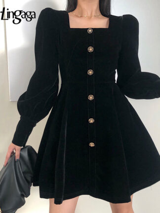 Купить Darlingaga Fashion Elegant Black Velour Buttons Winter Dress Female Vintage Puff Sleeve Party Dress Solid A-Line Solid Clothes