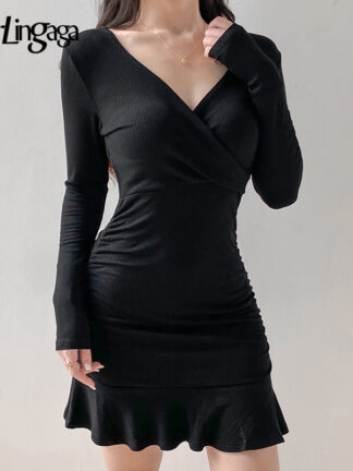 Купить Darlingaga Korean Fashion V Neck Solid Long Sleeve Autumn Dress Women Casual Ruched Ruffles Black Dress Mini Asymmetrical Skinny