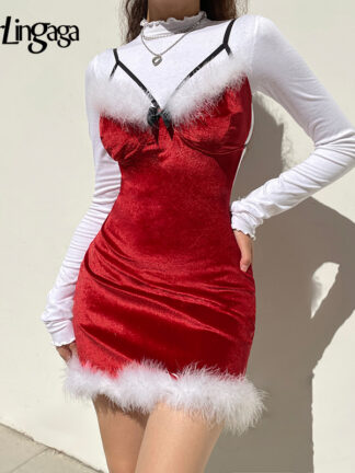 Купить Fashion Elegant Strap Faux Fur Patchwork Red Club Party Dress Women Backless Bow Sexy Dresses Mini Christmas Clothing