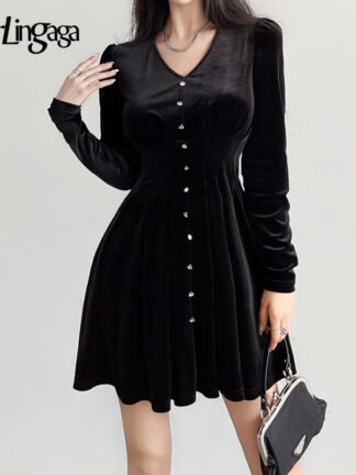 Купить Darlingaga V Neck Korean Fashion Black Velvet Long Sleeve Mini Dresses for Women Buttons Club Party Pleated Dress Solid Gothic