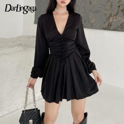 Купить Darlingaga Fashion V Neck Long Sleeve Black Pleated Dress Mini Vintage Elegant Corset Ruched Autumn Sexy Dresses Women Patchwork