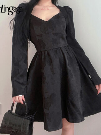 Купить Darlingaga Vintage Fashion Black Jacquard Strap Party Dress Sleeveless V Neck Ball Gown Summer Dress Set 2 Pieces Sexy Elegant