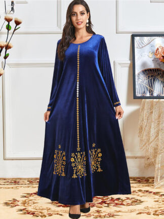 Купить Elegant Veet Muslim Dress Women Big Swing A-line Maxi Dress Embroidery Jubah Long Robe Abaya Dresses Islamic Clothing Elbise