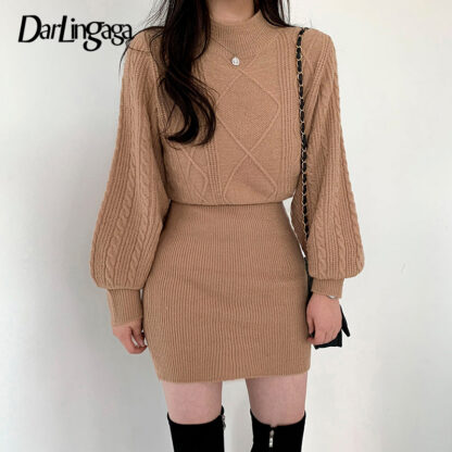 Купить Darlingaga Korean Fashion Turtleneck Twist Knitted Sweater Dress Female Solid Basic Bodycon Autumn Winter Dresses Mini Outfits