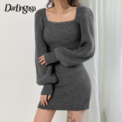 Купить Darlingaga Fashion Square Neck Basic Solid Knitted Sweater Dress Autumn Winter Long Sleeve Mini Dresses Female Casual Clothing