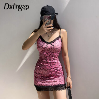 Купить Darlingaga Strap Lace Patchwork Gothic Sexy Dress Female Bow Leopard Print Bodycon Summer Dress Harajuku Sundress Party Dresses