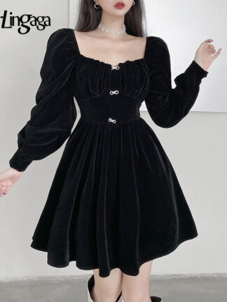 Купить Darlingaga Fashion Elegant Sweet Velour Black Dress Autumn Ruched Bow Puff Sleeve Pleated Party Dresses Solid Korean Square Neck