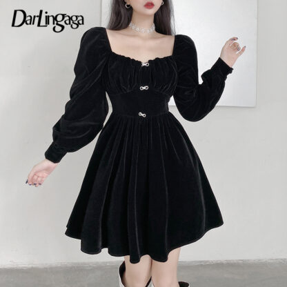 Купить Darlingaga Fashion Elegant Sweet Velour Black Dress Autumn Ruched Bow Puff Sleeve Pleated Party Dresses Solid Korean Square Neck