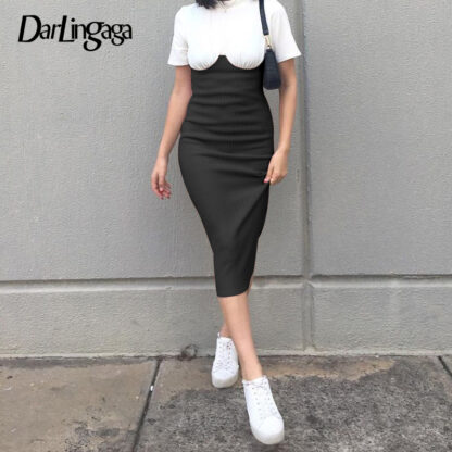 Купить Casual Elegant Patchwork Bodycon Midi Dress Ladies Fashion Knitted Black White Summer Dresses 2021 Contrast Color New