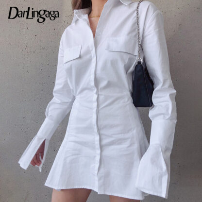 Купить Darlingaga Korean Long Sleeve Solid A-Line Casual Dress Long Sleeve Buttons Slim Mini Autumn Winter Dresses for Women Vestidos