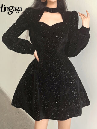 Купить Darlingaga Vintage Fashion Bling Velvet Ball Gown Party Dress Female Puff Sleeve Cut Out Mini Black Dresses Belt Bow Korean Slim