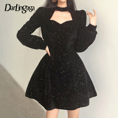 Купить Darlingaga Vintage Fashion Bling Velvet Ball Gown Party Dress Female Puff Sleeve Cut Out Mini Black Dresses Belt Bow Korean Slim