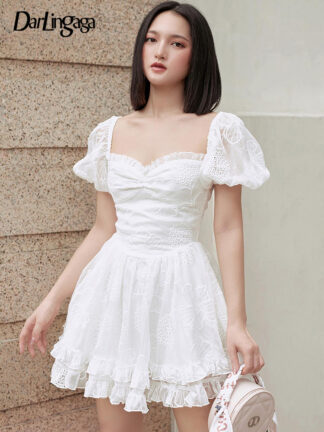 Купить Fashion Chic White Jacquard Ruffles Summer Dress Female Hollow Stitching Sweet Korean Pleated Dress Corset Party Slim