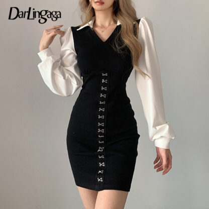 Купить Darlingaga Fashion Chic Patchwork Black White Elegant Women Dresses Puff Sleeve Hook Spring Bodycon Dress Gothic Clothes Korean