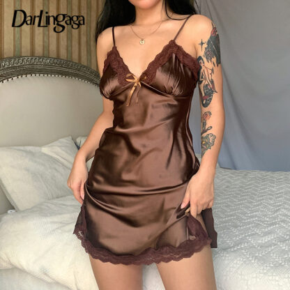 Купить Darlingaga Vintage Chic Strap Lace Patchwork Brown Satin Summer Dress Female Fashion Bow Split Sexy Dresses Party Sundress Club