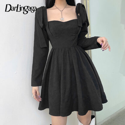 Купить Darlingaga Vintage Square Neck Jacquard Fashion Black Dress Female Bow Long Sleeve Party Pleated Evening Chic Gothic Clothes New