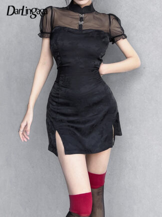 Купить Vintage Fashion Chinese Style Jacquard Black Dress Women Mesh Patchwork Split Summer Party Dresses Sexy Elegant Goth