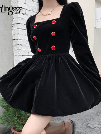 Купить Darlingaga Fashion Vintage Elegant Velvet Ball Gown Pleated Dress Female Square Neck Dot Black Party Dress Mini Spring Christmas