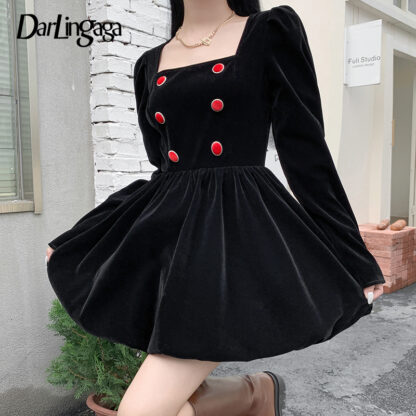 Купить Darlingaga Fashion Vintage Elegant Velvet Ball Gown Pleated Dress Female Square Neck Dot Black Party Dress Mini Spring Christmas