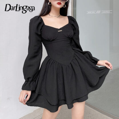 Купить Darlingaga Fashion Elegant Puff Sleeve Black Dress Women Corset Autumn Pleated Sexy Party Dress Mini Double Layer Ruched Clothes