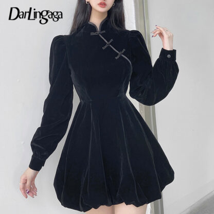 Купить Darlingaga Chinse Style Vintage Black Velour Ball Gown Party Dress Female Cheongsam Autumn Elegant Evening Dresses Puff Sleeve