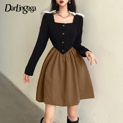 Купить Darlingaga Korean Fashion Square Collar Patchwork Party Dress Female Sweet Bow High Waist Pleated Dress Mini Spring Cute Clothes