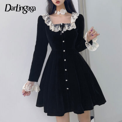 Купить Darlingaga Elegant Vintage Square Neck Black Velour Party Dress Female Lace Patchwork Bow Buttons Autumn Pleated Dresses Korean