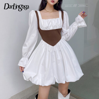 Купить Darlingaga Casual Square Neck Corset Patchwork White Pleated Dress Autumn Korean Fashion Ruched Party Dresses Women Puff Sleeve