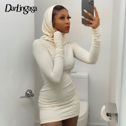 Купить Fashion Elegant White Hooded Bodycon Dress Women Solid Long Sleeve Skinny Club Party Autumn Dress Sexy Mini Clothing